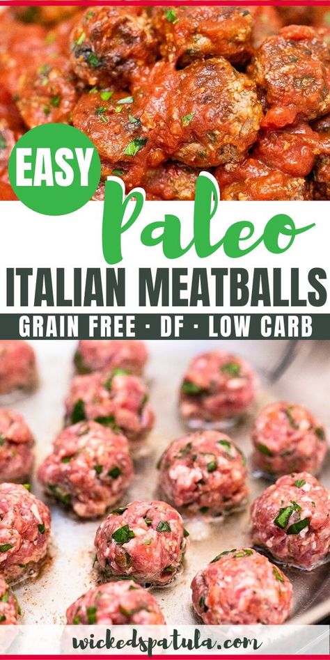 Paleo Meatballs Beef, Paleo Spaghetti And Meatballs, Gf Meatball Recipes, Flourless Meatballs, Paleo Meatball Recipes, Healthy Meatballs Beef, Meatballs Recipe Healthy, E2m Recipes, Paleo Italian Meatballs