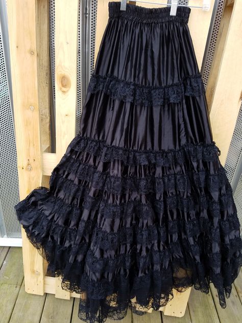 Available in Studio -  Extra Long Black layered lace trim skirt (Size XS - M) Gothic Skirts Long, Long Black Petticoat, Gothic Maxi Skirt, Gothic Long Skirt, Long Gothic Skirt, Long Frilly Skirt, Gothic Skirt Long, Lace Tiered Skirt, How To Layer Skirts