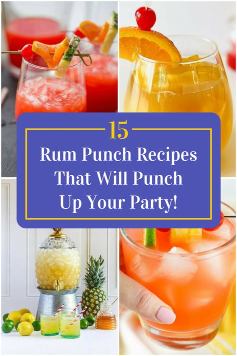 Collage of 4 rum punch recipes. Summer Rum Drinks, Rum Punch Drink, Coconut Rum Punches, Alcoholic Punch Recipes, Rum Punch Recipes, Gold Rum, Party Punch Recipes, Alcoholic Punch, Good Rum