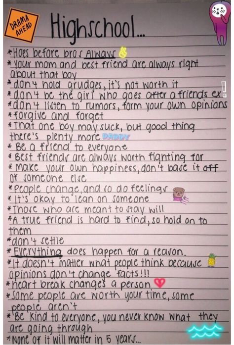 Highschool Journal Ideas, Teen Bucket List High Schools, High School Ideas Activities, Back To School Bucket List, Senior Year Advice, Fun Things To Do At School, High School Tips For Girls Freshman Year, School Bucket List, Highschool Advice