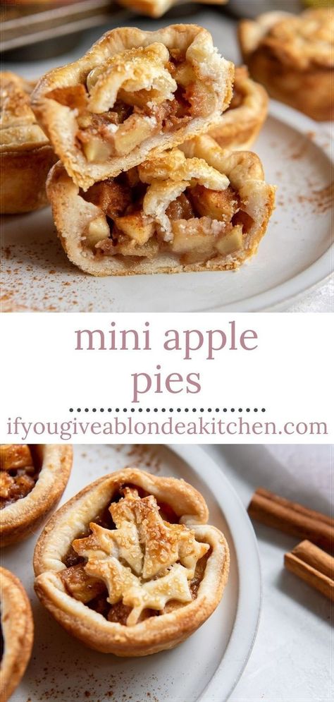 Individual desserts are the best for entertaining guests! These mini apple pies are made in a muffin tin, which make them easy to serve around the holidays. The flaky pie crust holds perfectly baked cinnamon coated apples. Mini Apple Pie Desserts, Mini Apple Pies In Muffin Tin, Mini Apple Tarts, Individual Apple Pies, Mini Apple Pie Recipe, Best Apple Desserts, Apple Pie Recipe Homemade, Apple Crumble Pie, Homemade Pie Crust Recipe