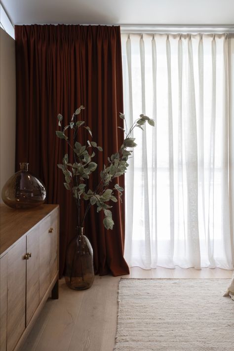 Red drapes, modern credenza Mid Century Drapes, Mcm Living Room Curtains, Mid Century Bedroom Curtains, Mid Century Blinds, Mid Century Modern Curtains Living Rooms, Mid Century Modern Drapes, Mid Century Curtains Living Room, Mcm Window Treatments, Mesh Curtains Bedroom