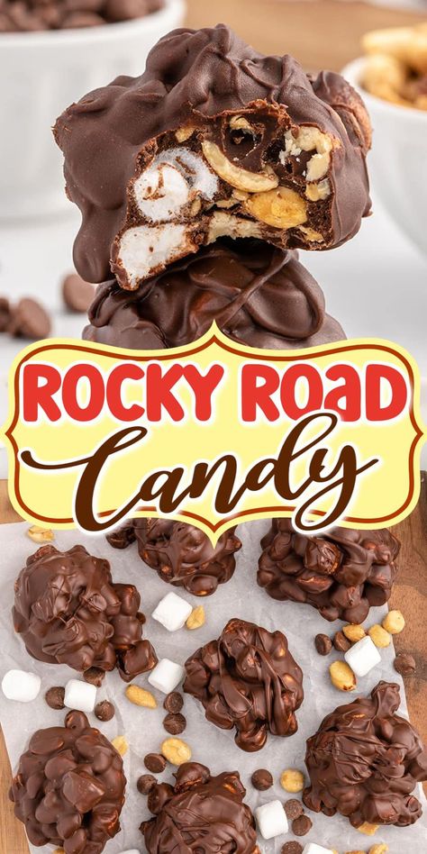 Rocky Road Candy Homemade Rocky Road Candy, Rocky Road Bark Recipe, Rockie Road Cookies, Rocky Road Bars No Bake, Rocky Road Candy Easy, Rocky Road Peanut Clusters, Rocky Road Bark, Rocky Road Crock Pot Candy, Crockpot Rocky Road Candy