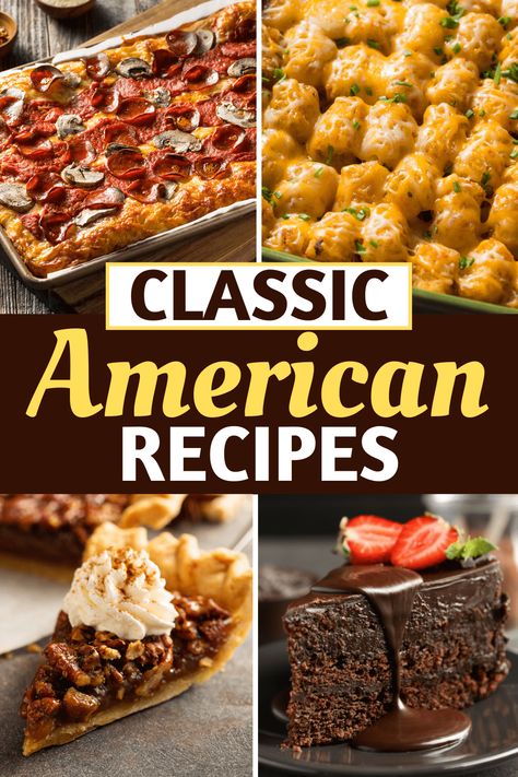 From grilled cheese and burgers to cheesecake and apple pie, these classic American recipes are irresistible. Make all of your favorites for a feast to remember! Tasty American Eats, American Classic Recipes, American Foods Classic, All American Meals, American Diner Food Recipes, Classic American Dishes, American Pasta Recipes, All American Desserts, United States Recipes