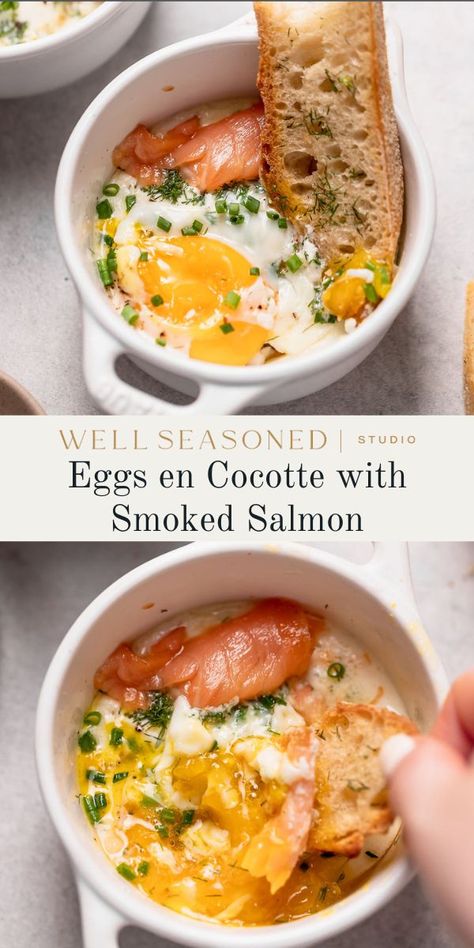 Eggs Smoked Salmon, Breakfast With Fish, French Style Baked Eggs, Jammy Egg Recipe, French Egg Breakfast, Jammy Eggs Breakfast, Eggs Salmon Breakfast, Wet Scrambled Eggs, Cream Egg Recipes