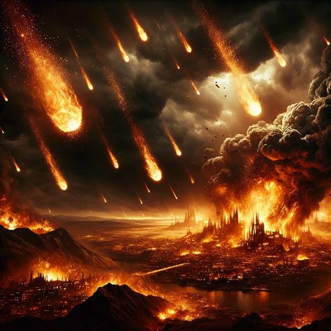 A dramatic, high-quality depiction of Sodom and Gomorrah being struck by fire and brimstone. The cities are engulfed in flames, with fiery meteor-like brimstone falling from a dark, ominous sky. The image captures the intensity and destructive power of this biblical event, emphasizing the theme of divine wrath. Destruction Of Sodom And Gomorrah, Planet Destruction Art, Fire God Art, Burning City Art, Destruction Aesthetic, Fire Cult, Destruction Power, World Burning, Sodom Gomorrah