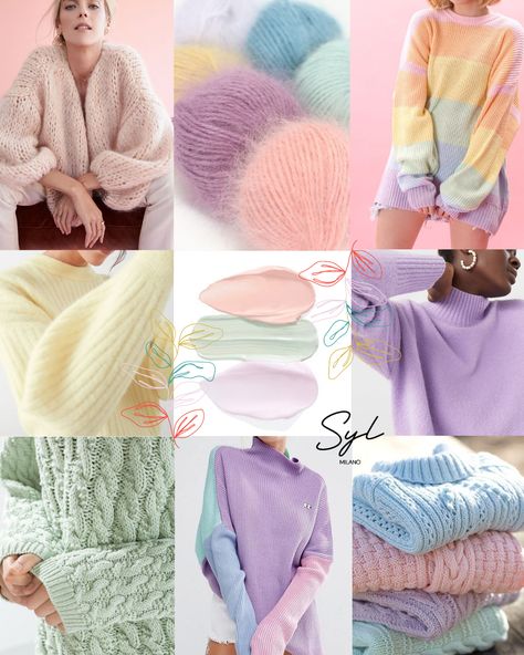 #trend #knitweartrend #trendforecast #pastelcolors #knitwearpastel #fuffly #comfort #cashmere #yarn #softcolors #knitting #knitwear #mood #moodboard #fashionstyle #fallwinter2021 Yarn Mood Boards, Mood Board Fashion Inspiration, Pastel Trends, Outfits Pastel, Knitwear Trends, Knitwear Inspiration, Knitwear Style, Pastel Color Schemes, Knitwear Outfit