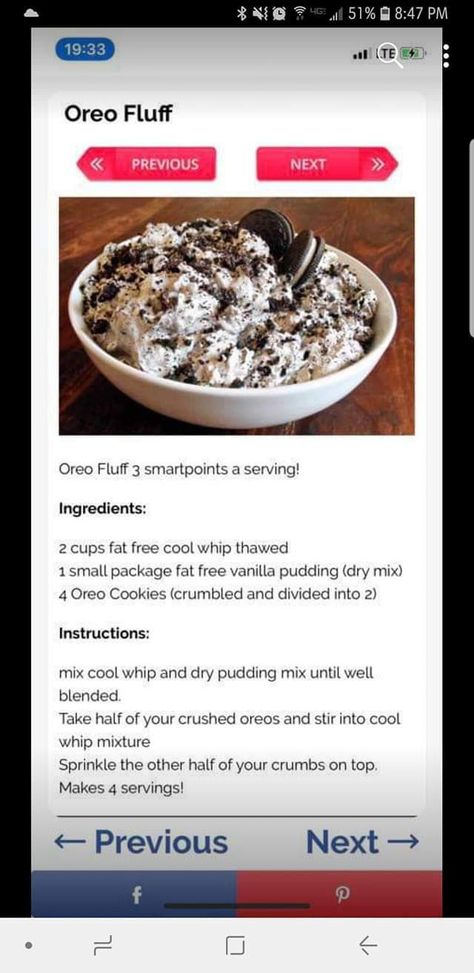 Oreo fluff Healthy Oreo Fluff, Weight Watchers Oreo Fluff, Low Calorie Oreo Fluff, Oreo Fluff Recipe, Oreo Fluff Dessert, Oreo Ideas, Cheap Healthy Snacks, Oreo Fluff, Clean Desserts