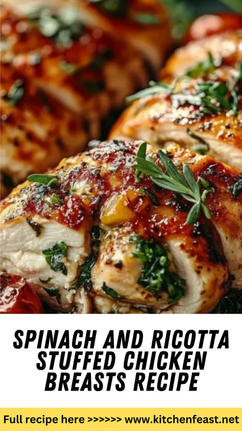 Discover a delicious Spinach and Ricotta Stuffed Chicken Breasts recipe. Tender chicken filled with creamy ricotta and fresh spinach, baked under marinara sauce and melted mozzarella. Perfect for any occasion! Spinach Entrees Dinners, Spinach And Ricotta Stuffed Chicken, Stuffed Chicken Recipes Baked, Chicken Ricotta Meatballs With Spinach, Spinach And Ricotta Recipes, Stuffed Chicken Breast Recipes Baked, Chicken Breast Recipes Stuffed, Stuffed Chicken With Spinach, Chicken Breast Stuffed With Spinach