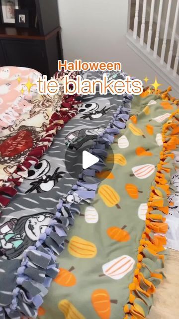 JOANN Fabric and Craft Stores on Instagram: "There is no better way to get into the spooky spirit than by cuddling up with festive tie blankets 🧡💜 handmade by @lifewithlainee

#tieblankets #fleece #handmadewithjoann #joand #summerween #halloween #codeorange #halloweendecor #happinessstartshere #falloween" Tie Blankets Fleece Sizes Yards, Diy Halloween Blanket, Halloween Blanket Diy, Tie Blankets Fleece How To Make, Tie Blankets Fleece, Fleece Tie Blanket, Fleece Projects, Diy Blanket, Tie Blankets