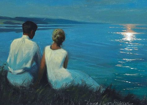 Harald Slott-Møller (1864-1937) "Moonlight. A young well dressed couple watching the moon shining on the surface of the water" Louis Aston Knight, Neo Romantic, Watching Sunset, Paul Verlaine, 17 August, Moonlight Painting, Couple Painting, Mini Canvas Art, Love Painting