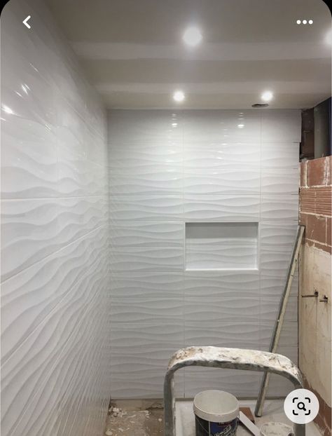 Wavy White Tile Bathroom, Wave Tile Bathroom Shower Walls, White Wave Tile Bathroom Showers, Wavy Tile Bathroom Showers, 3d Tiles Bathroom, White Tile Bathroom Walls, Anatolia Tile, Trendy Bathroom Tiles, Basement Remodel Diy