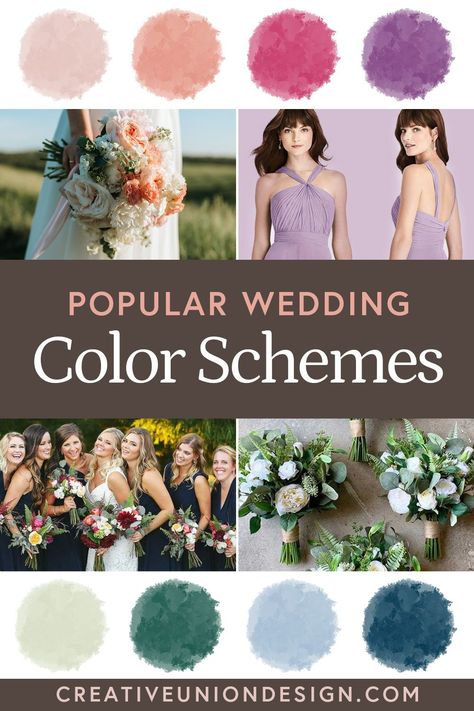 Struggling to decide on your wedding color scheme? Get inspired with our color palettes for your bridesmaid dresses, decorations, stationery, favors and more! Navy Blue Pink Gold Color Palette, Family Wedding Color Scheme, Wedding Shower Color Schemes, Country Wedding Color Schemes Spring, Rustic Wedding Colors Summer, Summer Mountain Wedding Color Palette, Wedding Color Schemes April, Summer Wedding Party Colors, Engagement Party Color Schemes