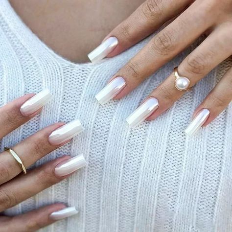 24Pcs Extra Long Square Head False Nails White Solid Simple French Fake Nail Wearable Ballet Press Ongles Bling Bling, Carcase Iphone, White Chrome Nails, G Nails, Easy Nails, Pearl Nails, Manicure Ideas, Nagel Inspo, Square Acrylic Nails