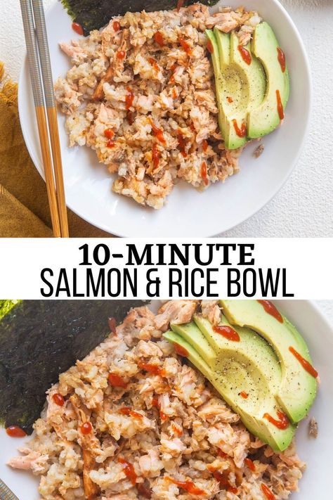 Recipes Using Salmon Pouches, Sushi Bowl With Canned Salmon, Salmon Recipes Shredded, Canned Salmon Wrap, How To Use Leftover Salmon, Leftover Salmon Lunch Ideas, Spicy Canned Salmon Rice Bowl, Canned Salmon Poke Bowl, Salmon Over Rice Recipes