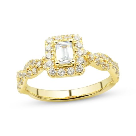 Double halo emerald cut engagement ring