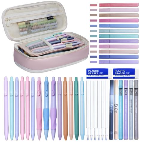 PRICES MAY VARY. School Supplies Set: 40-piece aesthetic school supplies set includes 1 adorable pencil case, 5 quick-dry black ballpoint pens and 5 pen refills, 9 automatic pencils in 0.5, 0.7, 0.9 mm sizes and 6 refill leads, 12 non-bleeding highlighters and 2 erasers Spacious Cute Pencil Case: Pencil case from aesthetic school supplies set features a spacious, capable of holding a large variety of pens and effortlessly storing other essential study items, equipped with a smooth zipper for eas Study Items, Middle School Supplies, Pencil Case Design, Aesthetic School Supplies, Preppy School Supplies, Art School Supplies, Pretty School Supplies, School Bag Essentials, Cute Pencil Case