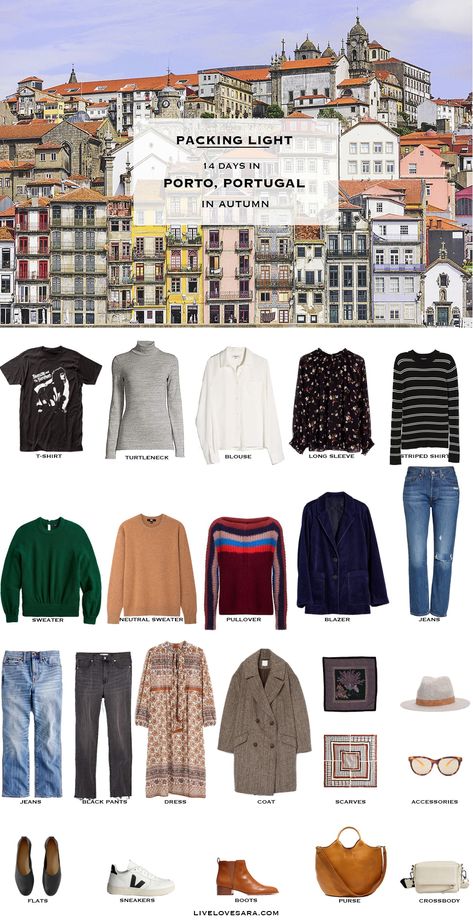 To help you pack for Portugal, I have created this packing list to help give you ideas of what kinds of pieces would work, with travel outfit ideas on how to wear them. Planning your Portugal travel capsule like this allows you to take the "I have nothing to wear" stress out of your travel. Packing For Portugal In The Fall, Portugal In October Outfits, Portugal Packing List Fall, Portugal In November Outfits, Portugal November Outfit, Lisbon Portugal Outfit Fall, What To Wear In Portugal In October, Portugal Fall Outfits, Porto Outfit