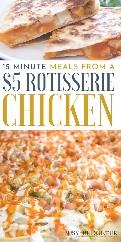 These easy cheap and relatively healthy chicken dinner recipes use a cheap $5 precooked rotisserie chicken (hint: We get them half off at Walmart for $2.50 sometimes!) to make a bunch of easy meal ideas. We usually get two meals out of one chicken for our family of 4 (2 grade school kids).  If you just need a quick list of rotisserie chicken recipes to use leftovers then this is what you need. #rostisseriechicken #easydinners #chickenrecipes