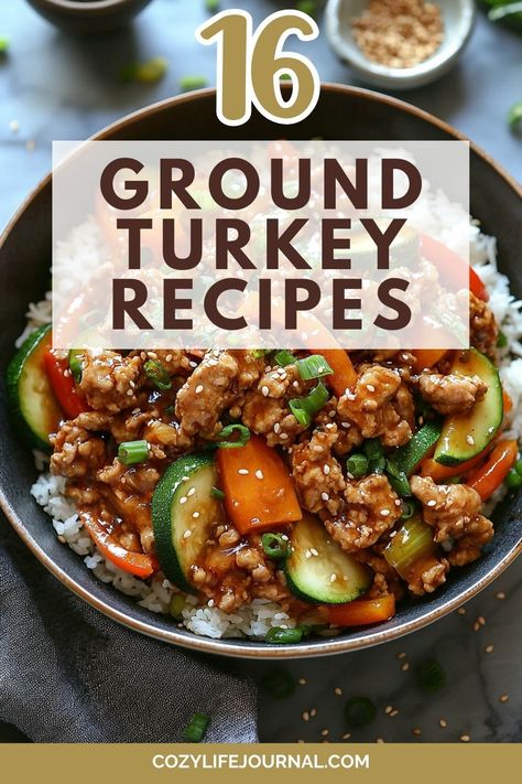 16 Ground Turkey Recipes. A bowl of ground turkey stir-fry with vegetables served over rice. Healthy Meals Using Ground Turkey, Ground Turkey Football Food, Healthy Turkey Ground Meat Recipes, Dinner Ground Turkey Recipes, One Pound Ground Turkey Recipes, Pressure Cooker Ground Turkey, Ground Turkey Simple Recipes, Quick Dinner With Ground Turkey, Recipes With Turkey Ground Meat