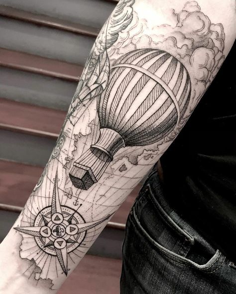 101 Best Hot Air Balloon Tattoo Ideas You Have To See To Believe! 11 Outsons Balloon Tattoo Ideas, Journey Tattoo, Hot Air Balloon Tattoo, Air Balloon Tattoo, Balloon Tattoo, Men Tattoos Arm Sleeve, Special Tattoos, Vintage Hot Air Balloon, Classic Tattoo