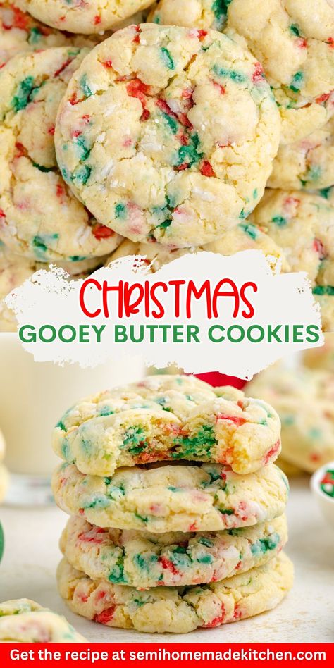 These Christmas Gooey Butter Cookies are a festive take on a classic cake mix cookie. With a soft, melt-in-your-mouth texture thanks to the cream cheese, they're easy to make and perfect for holiday cookie exchanges. Add sprinkles for a Christmas touch that everyone will love. Ooey Gooey Butter Cookies, Christmas Butter, Butter Cookies Christmas, Cake Mix Cookie, Christmas Cookie Recipes Holiday, Gooey Butter Cookies, Christmas Baking Cookies, Butter Sugar Cookies, Christmas Baking Recipes