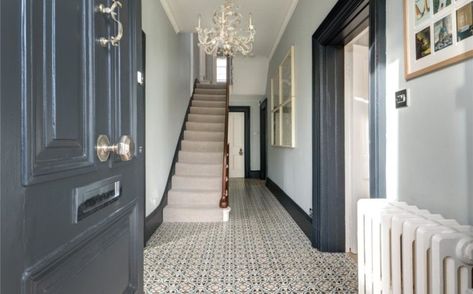 Navy Skirting Boards, Coloured Skirting Boards, Grey Skirting Boards, Grey Woodwork, Window Fans, Grey Hallway, Dark Doors, Hallway Colours, Mad About The House