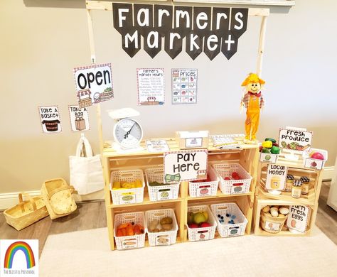 Farmer Dramatic Play, Wooden Farmers Market Stand, Farm Stand Dramatic Play, Farmers Market Play Area, Diy Kids Farmers Market Stand, Kids Farmers Market Stand, Farmers Market Dramatic Play, Big Playroom, Kids Farmers Market