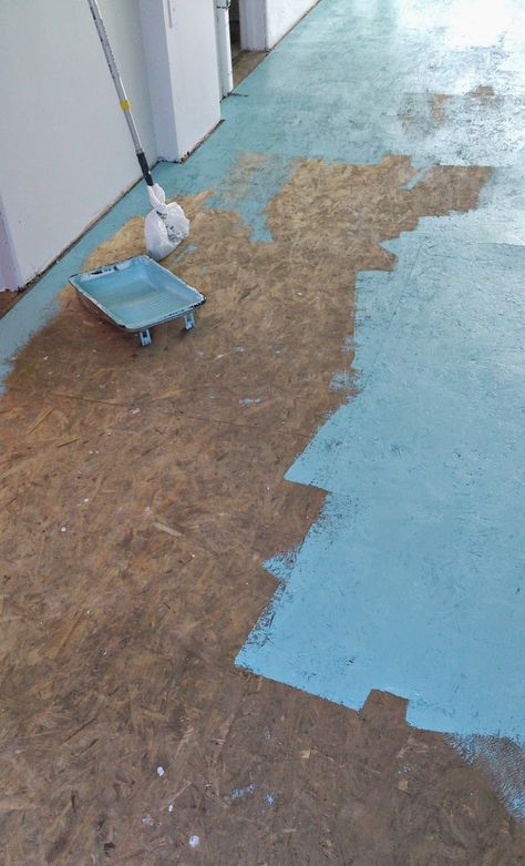 DIY Painted Particle Board Floor (Mmmm, Teal) | Dans le Lakehouse Wood Stain Ideas Diy, Wallpaper On Floor Diy, Chipboard Flooring Ideas, Painting Subflooring Ideas Diy, Painted Chipboard Floors, Painted Floors Plywood, Cheap Flooring Ideas Diy Budget, Teal Basement, Painting Particle Board