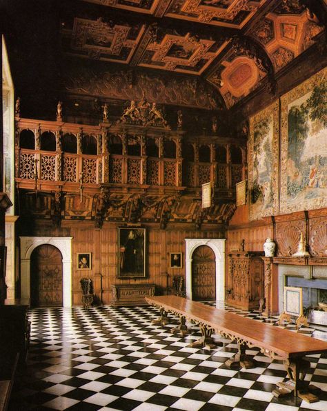 The Marble Hall - Hatfield House - Herfordshire - England.  The Hall was the great center of a Medieval English household used for communal dining.  The principal elements of any Hall are always the same, but involved so as to require a separate discussion. Luxury Castle Interior, Tudor Manor House, Elizabethan Interior, Elizabethan Decor, Elizabethan Aesthetic, Castle Great Hall, Tudor Interior, Tudor Castle, Marble Hall