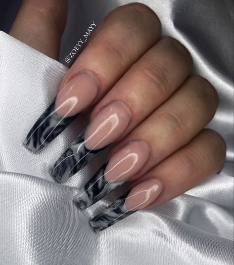 Black And Milky White Nails, Black And White Marble Nails, Marble Acrylic Nails, Reverse French, Bday Nails, Black And White Marble, Marble Nails, Milky White, French Tip Nails