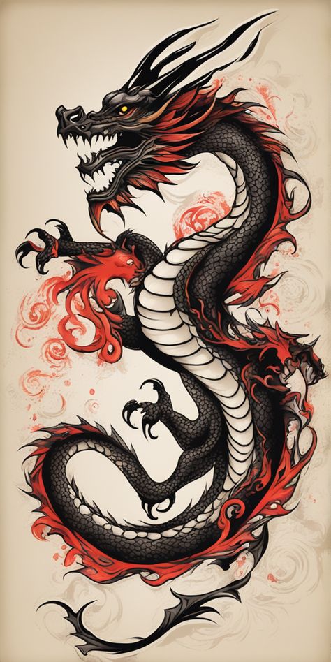 This image showcases a vibrant, stencil-style dragon tattoo design. The majestic creature is illustrated in striking color combinations and intricate details over a blank canvas, radiating a strong and fierce aura. Welsh Dragon Tattoo For Men, Dragon On Fire Tattoo, Fire Dragon Tattoo, Black And Red Dragon, Lil Tattoos, Dragon Tattoo Stencil, Flaming Dragon, Dragon Tattoo Drawing, Dragon Flame