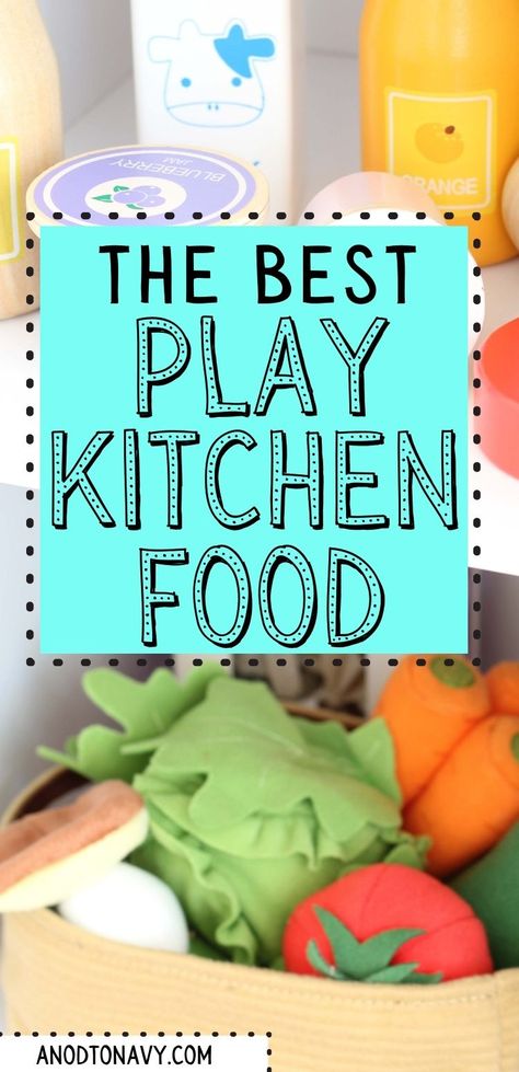 Pretend Kitchen Play Area, Play Kitchen Must Haves, Play Kitchen Organization Ideas, Play Kitchen Decor Ideas, Play Kitchen Set Up Ideas, Magnolia Play Kitchen, Diy Kid Kitchen, Melissa And Doug Kitchen Makeover, Play Kitchen Storage Ideas