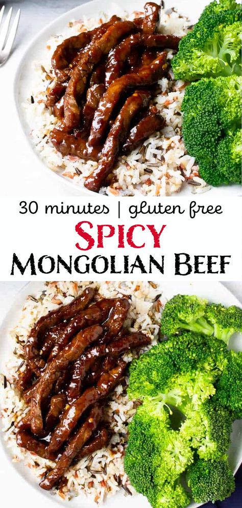 I made this Spicy Mongolian Beef in less than 30 minutes! My family loved it! You can leave out the red pepper flakes for a milder version if you like. You can also use gluten free soy sauce and gluten free hoisin sauce if needed as well. Goes great over rice or noodles with some sliced scallions on top! A perfect, easy recipe for weeknight dinners! | #beefrecipes #mongolianbeef #asianfood #DLB Spicy Mongolian Beef, Recipes With Hoisin Sauce, Gluten Free Hoisin Sauce, Mongolian Beef Recipes, Fantastic Recipes, Gluten Free Soy Sauce, Mongolian Beef, Potluck Dishes, Spicy Beef