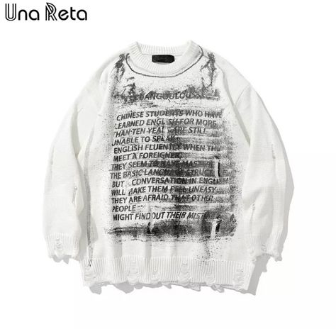 Harajuku Fashion Male, White Sweater Women, Ripped Sweater, Streetwear Grunge, Streetwear Sweater, Couples Sweaters, Casual Knitwear, Grunge Streetwear, Oversize Casual