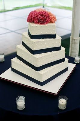 Like the square shape, the offsetting, but want narrower ribbon/diff color Beaded Wedding Cake, Square Wedding Cake, Wedding Cake Simple Elegant, Tiered Cake Design, Square Wedding Cakes, Traditional Wedding Cakes, Wedding Cake Pictures, Traditional Wedding Cake, Wedding Cake Ideas