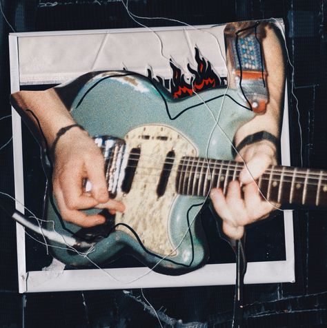 Guitar music musician Polaroid collage black surreal thread handmade photography Mixed Media Collage Photography, New Grunge Aesthetic, Grunge Mixed Media, Retro Collage Art, Mix Media Photography, Lost Media Aesthetic, Mixed Media Photography Collage, Grunge Album Covers, Mixed Media Graphic Design