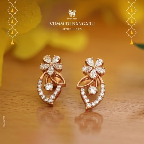 Diamonds in rapturous bloom for your beautiful ears. What is your occasion? #vummidibangaru #VBJMoments #heritage #indiancraftsmanship #diamondearrings #goldearrings Stud Earrings Gold Design, Diamond Gold Jewellery, Ear Studs For Women In Gold, Gold Modern Earrings, Ear Bali Designs, Studs For Women Gold, White Stone Earrings Indian Gold, Simple Gold Earrings Indian, Gold Ear Studs Unique