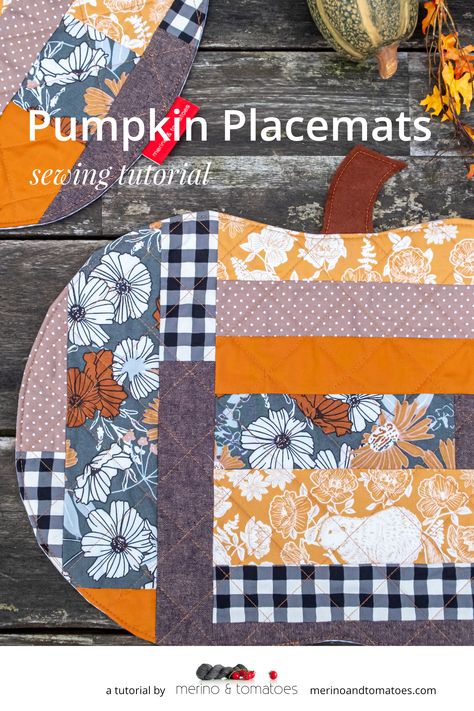 Pumpkin Placemats, Placemat Tutorial, Autumn Sewing, Fall Sewing Projects, Dark Green Fabric, Bonnie Christine, Fall Quilt Patterns, Halloween Placemats, Fall Placemats