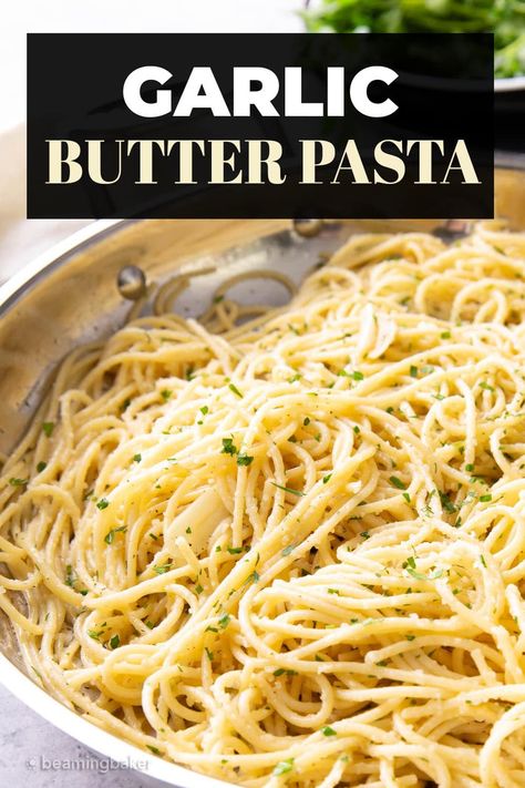 Buttery garlic comfort: This Garlic Butter Pasta boasts just the right amount of savory garlic butter sauce that coats your favorite pasta topped with grated parmesan and fresh parsley! Perfect for an Italian-inspired lunch or dinner! | Recipe at BeamingBaker.com Butter Parmesan Pasta, Garlic Buttered Noodles Recipe, Buttered Noodles Recipe, Asparagus And Peas, Garlic Butter Noodles, Butter Sauce For Pasta, Pasta With Asparagus, Garlic Butter Pasta, Butter Pasta