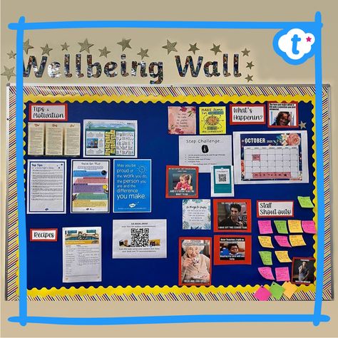 A staff wellbeing wall is a great way to motivate, inspire and support your colleagues. By including sections such as tips and motivation, recipe ideas, staff shout-outs and updates, your teaching team can have a little pick me up each time they go into the staffroom. Visit the Twinkl website for wellbeing resources to inspire your display. #wellbeing #staffwellbeing #staffwellbeingwall #wellbeingwall #teachers #teaching #teachingresources #twinkl #twinklresources #teachersupport #staffroom Praise Board For Employees, Staff Room Wellbeing Ideas, Peer Support Bulletin Board, Bulletin Board Ideas For Staff Room, Ways To Acknowledge Staff, School Wellbeing Display, Staff Announcement Board, Well Being Board Ideas, Employee Wellness Bulletin Board