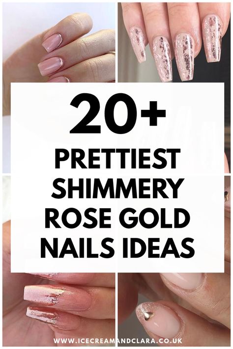 Best rose gold nails designs and rose gold nail art ideas for long nails and short nails Rose Gold Nails Ombre, Rose Gold Nail Ideas Short, Rose Gold Inspired Nails, Rose Gold Nails For Wedding, White And Rose Gold Ombre Nails, Gold With Pink Nails, Rose Gold Glitter Nails Design, Nail Inspo Rose Gold, Rose Gold Nail Ideas Acrylic