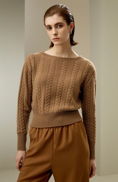 Our toffee coloured crew neck Sweater is meticulously knitted from 100% cashmere wool for luxurious comfort. Complete with ribbed cuffs, neckline, and hem. The sleek, classic round neckline is complemented by a high-threaded cinched waist that frames a sophisticated silhouette and exudes timeless elegance. Easily transitioning from autumn to winter, this casual-chic style is perfect for wearing alone or layering. This extraordinary piece is sure to become a treasured addition to your wardrobe. 1 Cable Stitch Knit, Sweater For Women, Romantic Dress, Casual Chic Style, Cashmere Wool, Designer Clothes For Men, Comfortable Dress, Autumn Fashion Women, Cinched Waist