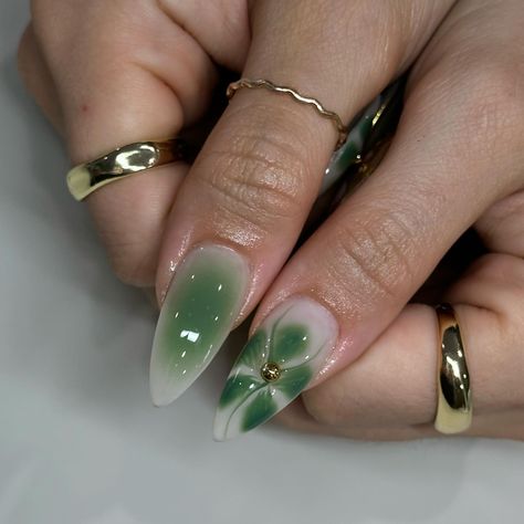 Jade Colored Nails, Fairy Nails Green, Purple Jade Nails, Sage Green Aura Nails, Dark Green Aura Nails, Gel X Nails Green, Green Blooming Gel Nails, Almond Green Nails, Green Fairy Nails