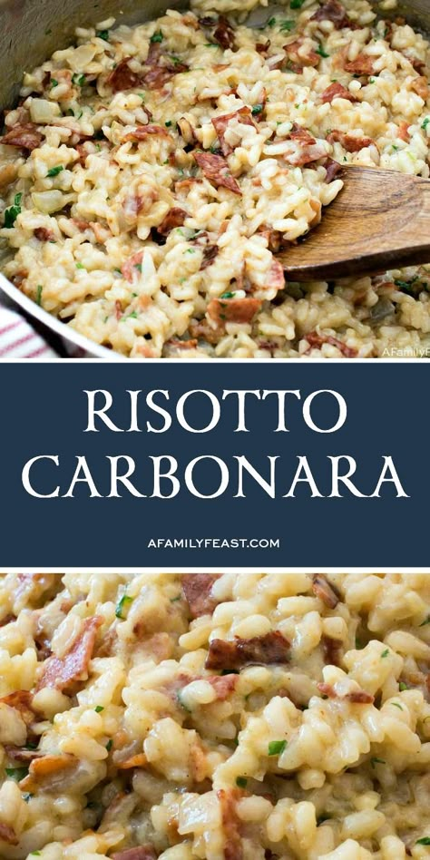 Risotto Carbonara has the same traditional flavors of a classic carbonara dish – but swaps in Arborio rice for the pasta. #comfortfood #italiancuisine #risotto #carbonara Asian Risotto Recipes, Types Of Risotto, Rice Snacks Recipes, Risotto Dinner Ideas, Carbonara Risotto, Risotto Side Dish, Risotto Carbonara, Kale Risotto, Risotto Dinner