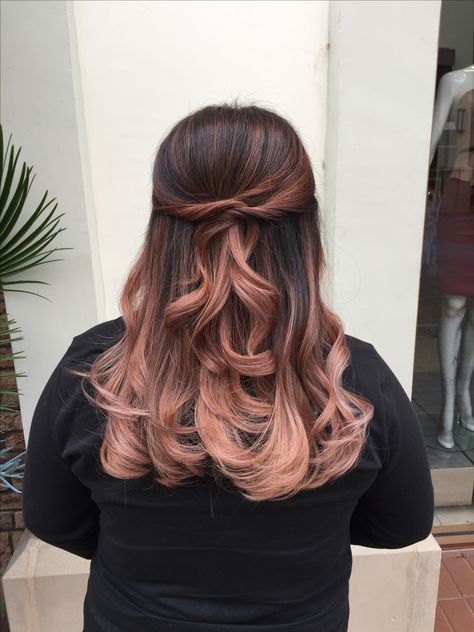 Dark Brown To Rose Gold Balayage, Rose Gold Peak A Boo Hair, Rose Gold Balayage Straight Hair, Dark Rose Gold Hair Balayage, Rose Gold Underneath Hair Brunette, Subtle Pink Balayage Brunette, Black And Rose Gold Hair, Rose Gold Balayage Black Hair, Brown Highlights On Light Brown Hair