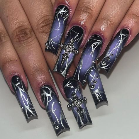 Acrylic Nails Chrome, Nails Long Square, Crackle Nails, Press On Nails Long, Nails Glossy, Punk Nails, Airbrush Nails, Ombre Acrylic Nails, Goth Nails