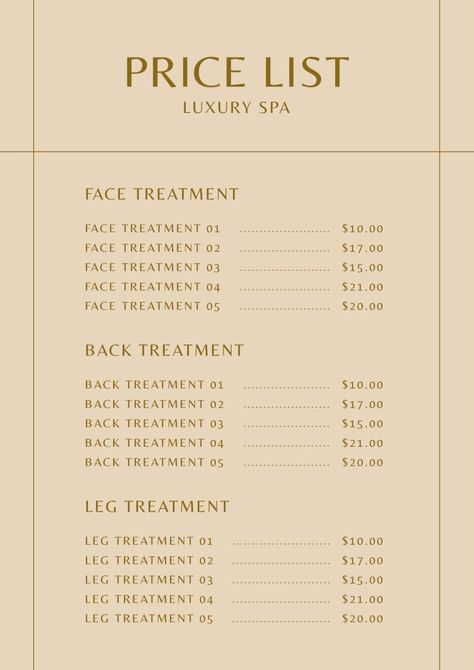 Elegant Luxury Spa Price List Esthetician Price List Template, Manicure Price List, Esthetician Price List, Spa Price List, Menu Maker, Presentation Maker, Spa Prices, Editing Tool, Invitation Maker