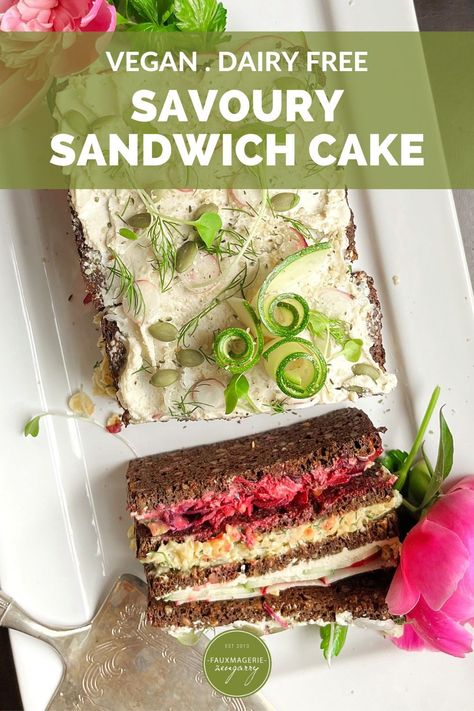 Who said cakes have to be sweet? This vegan savoury sandwich cake will definitely amaze all your guests at your next party! It's healthy, full of so many colourful veggies, dairy-free cheese and beautiful. Try it out! Vegan Sandwich Cake, Veggie Cake, Vegan Cake Frosting, Veggie Cakes, Vegan Birthday, Healthy Dessert Recipes Easy, Vegan Sandwiches, Vegan Birthday Cake, Party Sandwiches