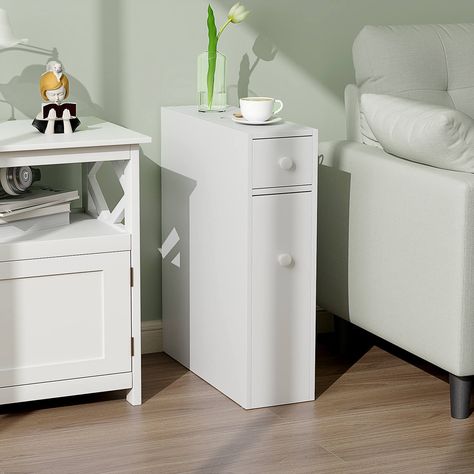 Slim Storage Cabinet, Narrow Storage, Freestanding Cabinet, Bathroom Floor Cabinet, Wood Floor Bathroom, Bathroom Standing Cabinet, Narrow Storage Cabinet, White Storage Cabinets, White Bathroom Cabinets